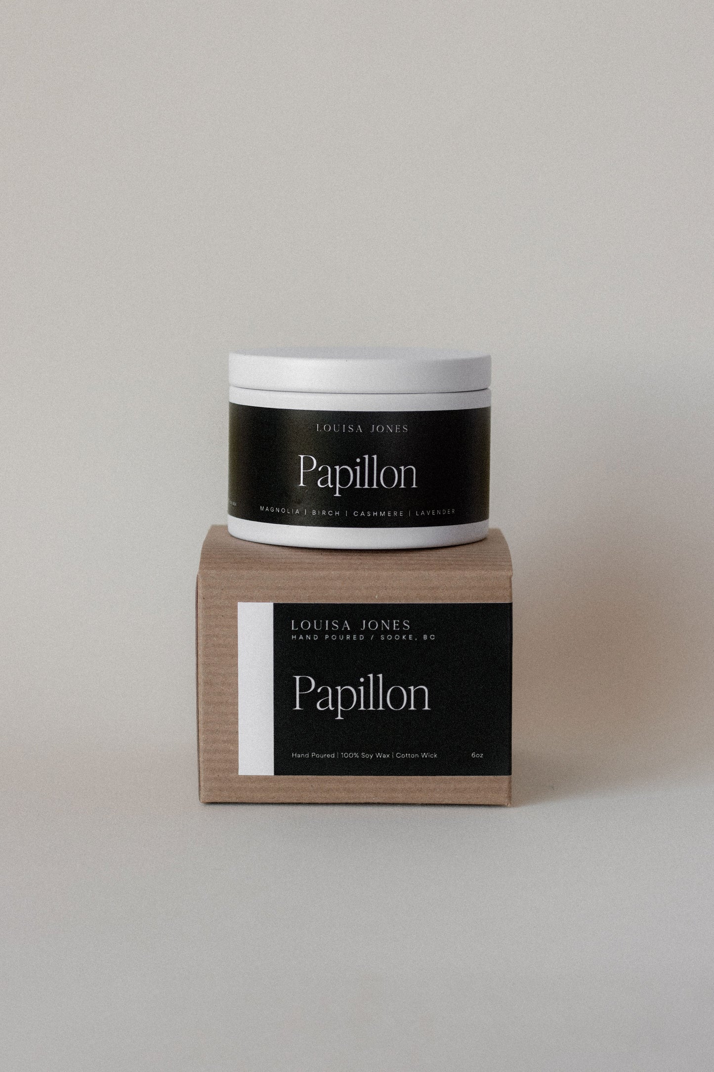 White Papillon candle tin - LouisaJonesco
