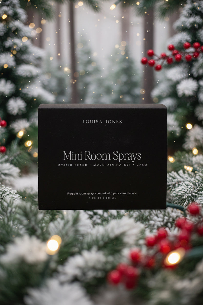 Black box of Louisa Jones mini room sprays on a white background